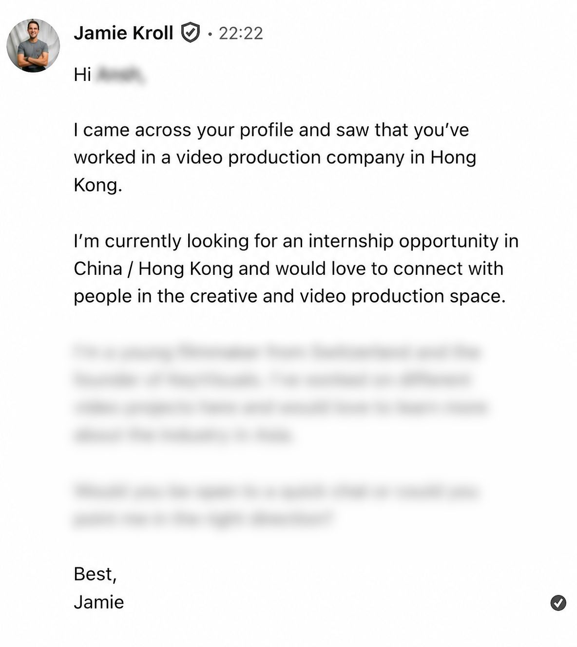 LinkedIn message from Jamie to a contact in Hong Kong asking about internship opportunities in video production.