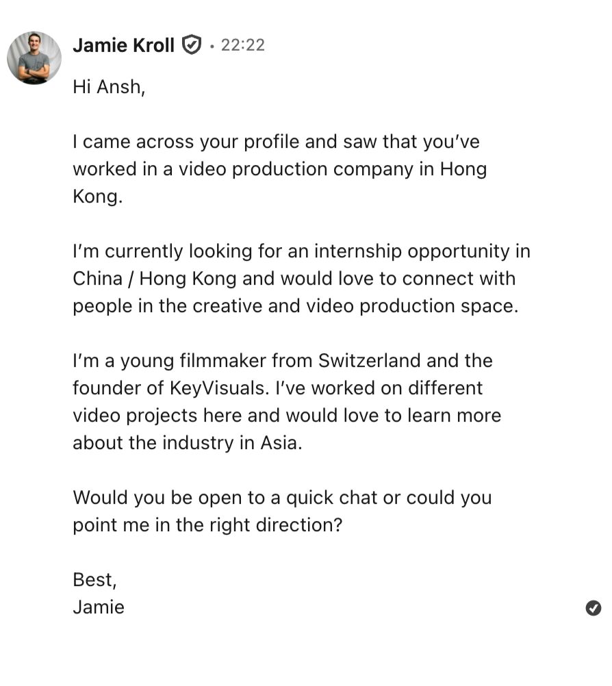 LinkedIn message from Jamie to a contact in Hong Kong asking about internship opportunities in video production.