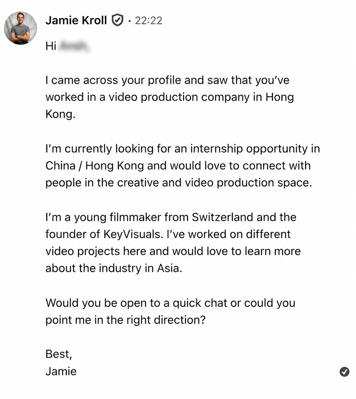 LinkedIn message from Jamie to a contact in Hong Kong asking about internship opportunities in video production.
